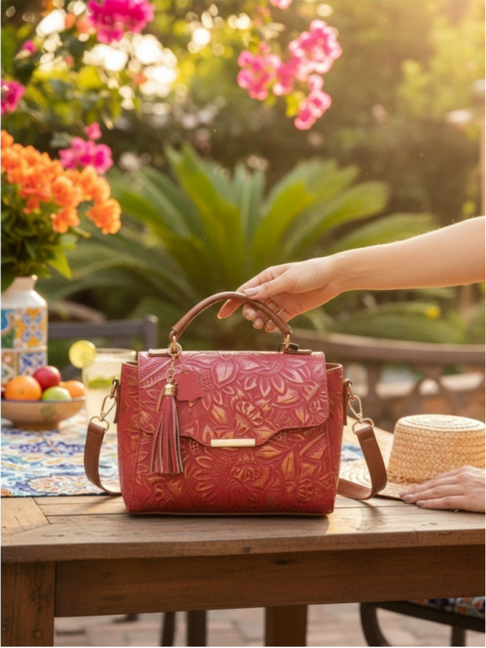 Red & Gold Floral Embossed Tooled Artisan LEATHER Crossbody Handbag Purse Bag